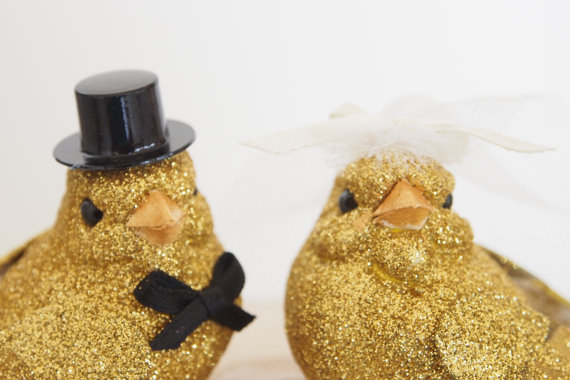 Mariage - Gold Bird Wedding Cake Topper, Mr and Mrs Bride and Groom Golden, Glitter, Glitz, Animal Lover, Cute