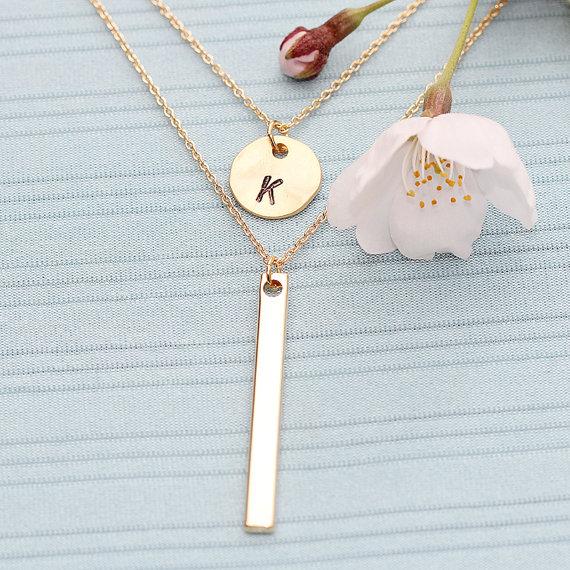 Wedding - Gold or Rhodium Plated, Simple Double Layer Chain Personalized Stamped Initial on Round Charm, Simple Bar Pendant, Necklace