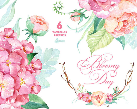 Mariage - Bloomy Day: 6 Watercolor Bouquets, hydrangea, peonies, wedding invitation, floral frame, greeting card, diy clip art, flowers, mint and pink