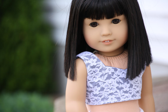 زفاف - Navy Chambray with White Lace Overlay CROP TOP for 18 Inch Trendy American Girl Doll