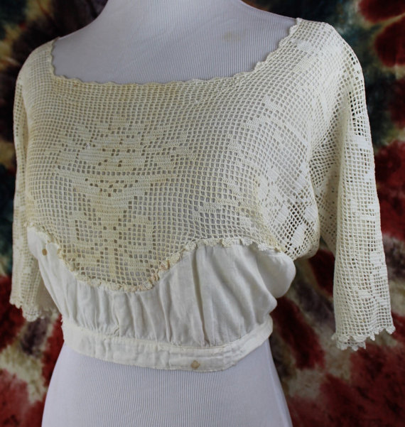 Wedding - Antique True Victorian Cotton White Floral Crochet Work Crop Top Camisole Lingerie Medium Large M/L