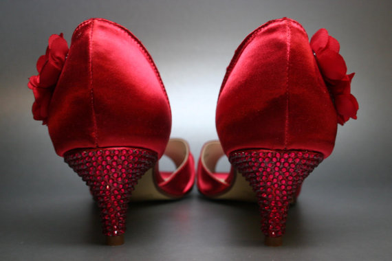 Wedding - Red Wedding Shoes -- Red Satin Peeptoes with Red Rhinestone Heels and Red Flowers