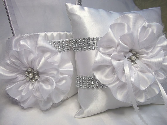 Hochzeit - Diamond White Flower Girl Basket and Matching Ring Bearer Pillow, Rhinestone Mesh handle, Off White Bling Basket & Bling Ring Pillow