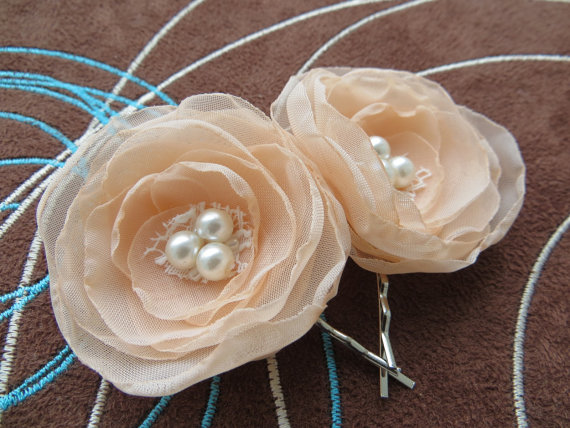 Hochzeit - Peach wedding bridal flower hair accessory (set of 2), bridal hairpiece, bridal hair flower, wedding hair accessories, bridal head piece