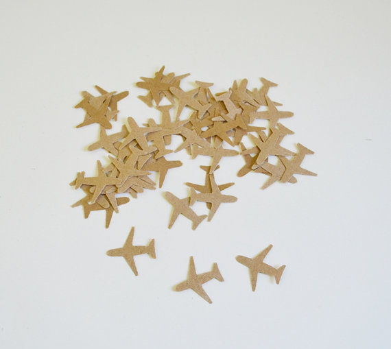 Wedding - Airplane Stickers 48 Itty bitty Paper Hand Punched Planes Brown Kraft Gummed Adhesive Free Shipping