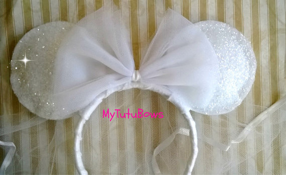 زفاف - Minnie Mouse Ears Headband  Bridal Flowers Tulle Veil Roses Bachelorette HoneyMoon Silver Sparkle Glitter   Bow Fits Adults and Children