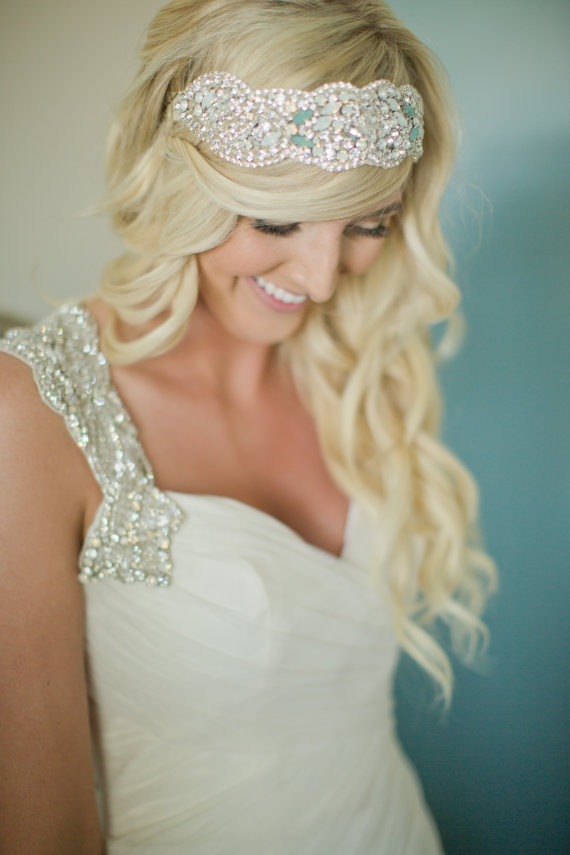 زفاف - RESERVED- Crystal Bridal Headband- Opal and Crystal Bridal Bandeau