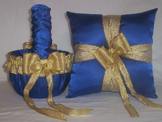 Hochzeit - Blue Horizon Satin With Gold Metallic Ribbon Trim Flower Girl Basket And Ring Bearer Pillow Set 2