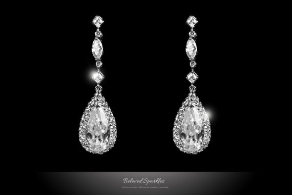 Hochzeit - Bridal Earring, 8 carat CZ Pear Drop Halo Dangle Earrings, Cubic Zirconia Drop Earrings, Vintage Crystal Earrings, Bridesmaid Earrings