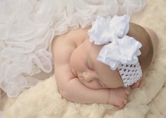 Wedding - Large Double Layered White Double Ruffle Bow with Crocheted Headband of Choice Free Shipping On All Additional Items