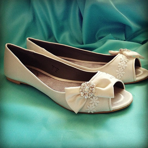 Wedding - Chic Bows Bridal Open toe Ballet Flats Wedding Shoes - All Full Sizes - Pick your own shoe color
