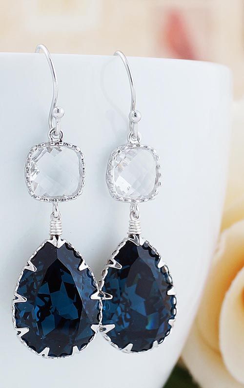 Hochzeit - Montana Blue Swarovski Crystal With Clear Glass Dangle Earrings