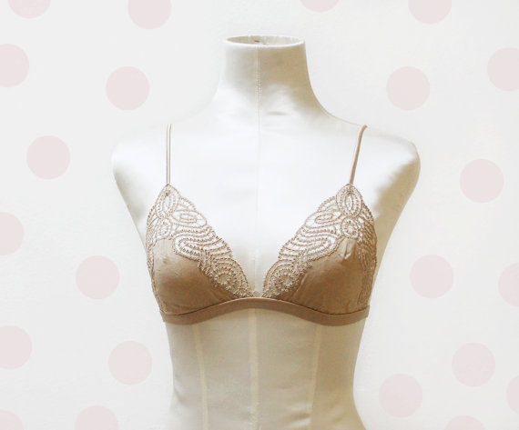 Mariage - La Perla triangle bra / nude lace embroidered bralette /cotton and silk satin soft cup bra / Size 38 Us