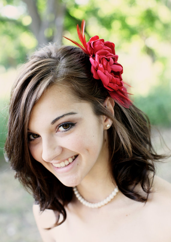 Mariage - Scarlet Red Bridal Flower Hair clip, Wedding Hair Accessory, Fascinator, Satin, Crystals, Bridal Head Piece