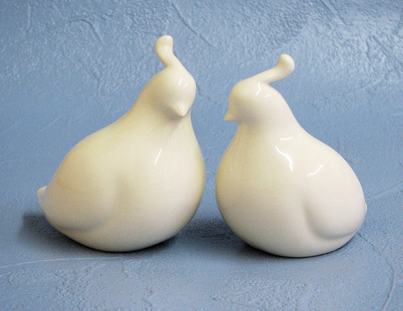 Wedding - Ceramic Birds Quail Couple Wedding Cake Toppers Keepsake Figurines in Soft White - Made to Order