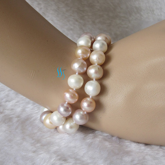 زفاف - Pearl Bracelet - 8 inches 2 Row 9.5-10.5mm White Pink and Lavender Freshwater Pearl Bracelet - Free shipping