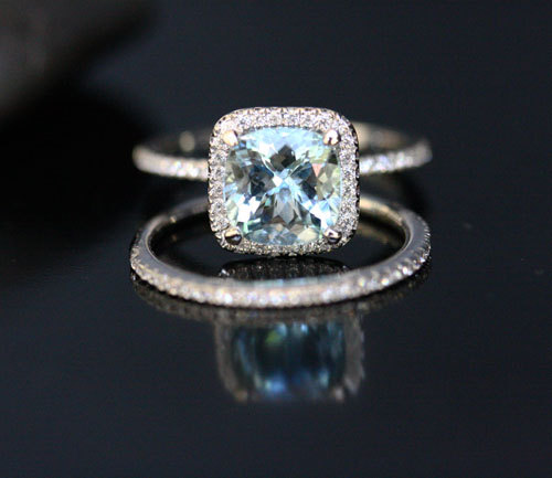 Wedding - Superb Aquamarine Engagement Ring and Diamond Wedding Ring Set with Aquamarine Cushion 8mm and Diamond Bridal Ring Set in 14k White Gold