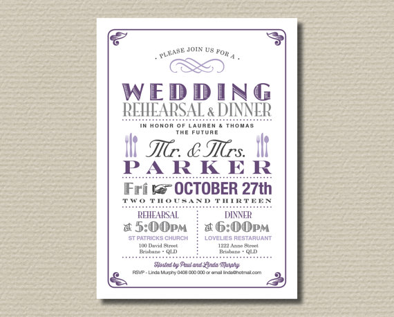 Hochzeit - Printable Wedding Rehearsal and Dinner Invitation - Vintage Poster design in Purple & Grey (RD08)