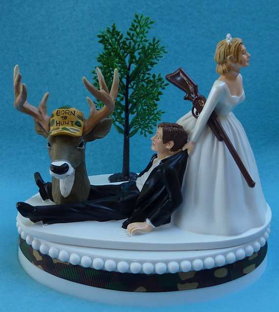 Wedding - Wedding Cake Topper Deer Hunter Hunting Gun Themed Camo w/ Bridal Garter Camouflage Bride Pulling Dragging Pulls Groom Humorous Funny Unique