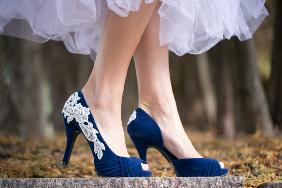 Mariage - Blue Wedding Shoes - Blue Bridal Heels, Blue Wedding Heels, Blue Heels with Ivory Lace. US Size 5.5