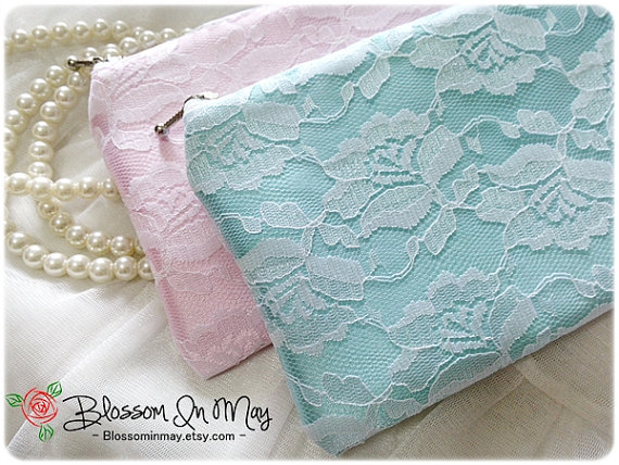Hochzeit - sweet blue rose lace makeup zipper bag - lace clutch , fairytale bridesmaid gift, wedding clutch bridesmaid purse bag