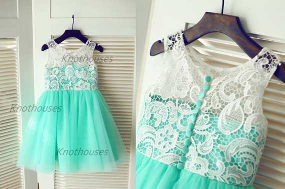 Hochzeit - Turquoise Aqua Blue  Tulle Ivory Lace Flower Girl Dress Children Toddler Dress for Wedding Junior Bridesmaid Dress