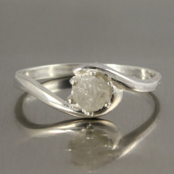 Wedding - White Rough Diamond Engagement Ring - Sterling Silver Prong Set Ring - Raw Uncut Diamond Stone Large - Snowy White diamond