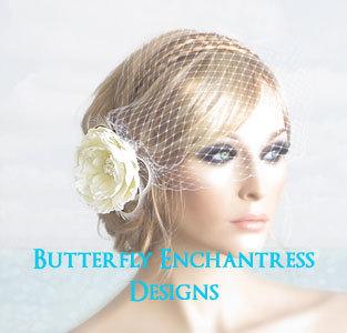 زفاف - Birdcage Flower Veil, Wedding Hair Accessories - Ivory Ellabelle Peony Flower Feather Hair Clip and Detachable Bandeau Veil Set