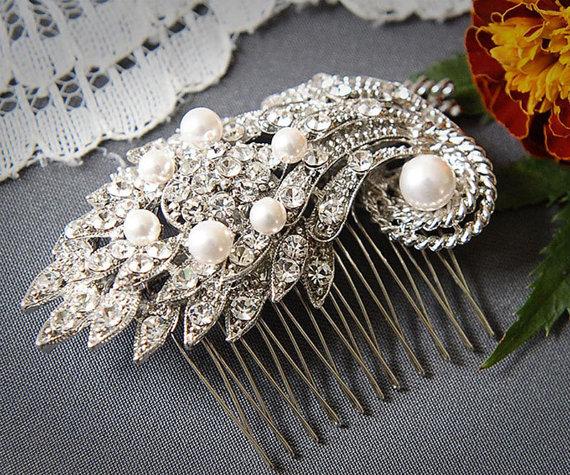 زفاف - ELISSA, Wedding Hair Comb, Art Deco Swarovski Pearl Hair Comb, Vintage Inspired Leaf Rhinestone Bridal Hair Accessory, Wedding Hairpiece
