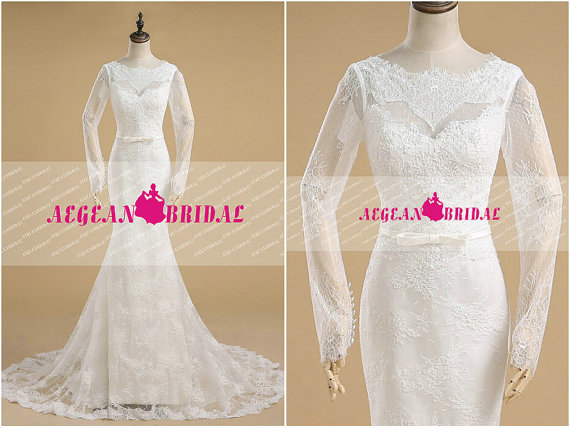 Wedding - RW552 Long Sleeve Wedding Dress with Bow Belt Mermaid Bridal Dress Boat Neck Lace Wedding Gown Beaded Garden wedding dress with Buttons