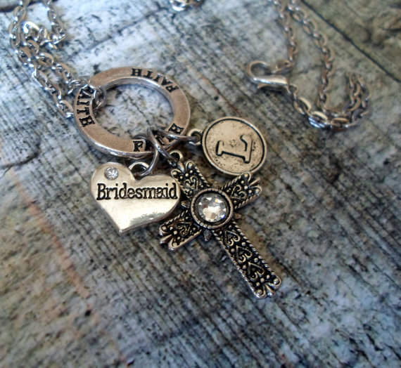 زفاف - Bridesmaid Birthstone Necklace, Faith, Swarovski Crystal Cross, Wedding Party Gift, Letter, Christian Jewelry