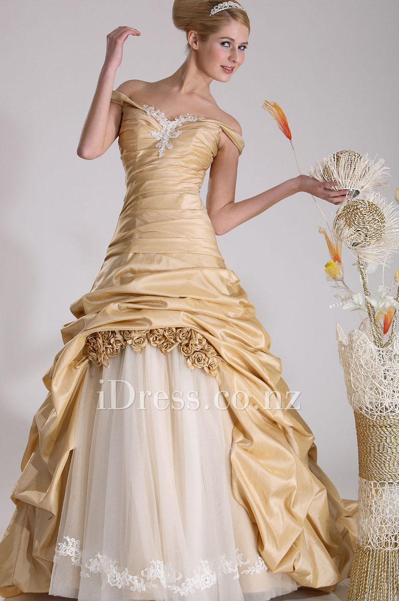 Свадьба - Off the Shoulder Champagne Taffeta Under Tulle Ball Gown Debutante Dress
