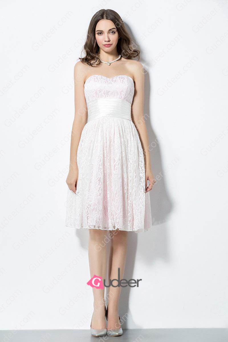 Hochzeit - Lovely Pink Strapless Sweetheart Short Lace Bridesmaid Dress