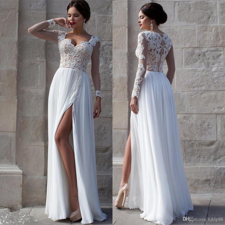 Wedding - White Beach Wedding Dresses 2015 Lace Bridal Gowns Applique Sheer Illusion Long Sleeves Split Prom Gowns Soft Chiffon Wedding Gowns Cheap Online with $124.53/Piece on Hjklp88's Store 