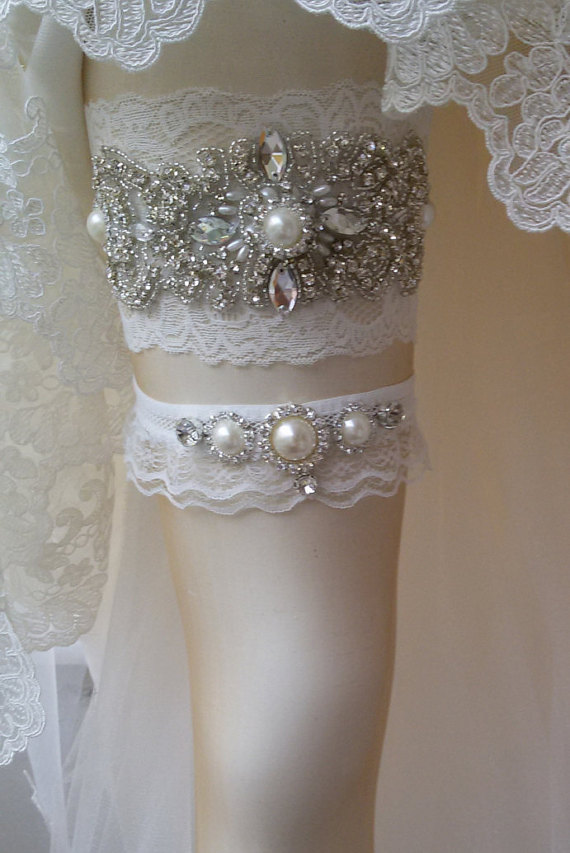 Hochzeit - Wedding Garter Set , Ivory Lace Garter Set, Bridal Leg Garter, Wedding Accessory, Bridal Accessory, Rhinestone Crystal Bridal Garter