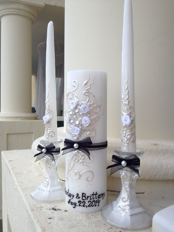 Mariage - Beautiful Wedding Unity candle set, great match for your Black&White wedding, PERFECT bridal shower gift idea