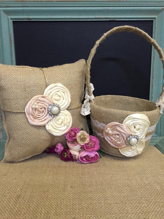 Hochzeit - Burlap flower girl basket / ring bearer pillow - burlap pillow , burlap basket- burlap , ivory and blush 