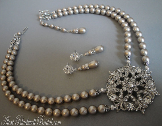زفاف - Bridal Pearl Necklace in Platinum Taupe Swarovski Pearls with Rhinestone focal and Earrings included Mother of the Bride wedding jewelry