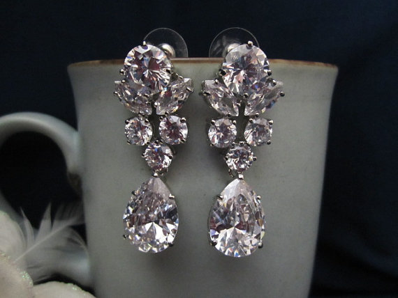 زفاف - Sparkle filled bridal earrings, wedding earrings, fasion,  CZ cubic zirconia pear/tear drop earrings, bridal jewelry, wedding jewelry
