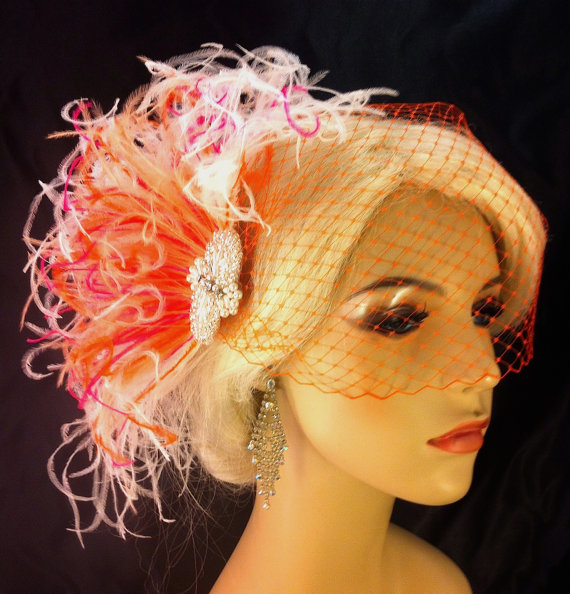 Свадьба - Wedding Hair Accessory, Pearl, Silver Beaded Bridal White, Orange and Hot-pink Ostrich Feather Fascinator, Bridal Fascinator, Bridal Veil