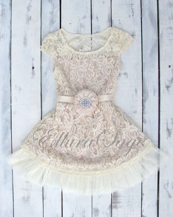 Mariage - champagne flower girl dress, lace baby dress, rustic flower girl dress, country flower girl dress, lace girls dresses, flower girl dress