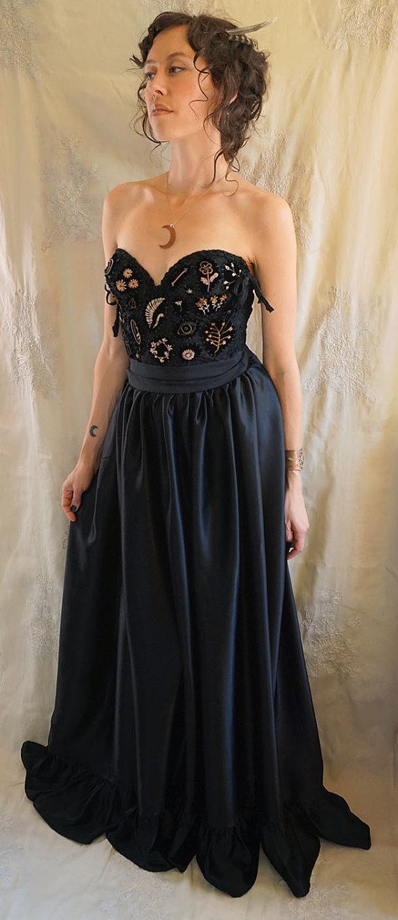 Mariage - Dark Meadow Wedding Gown or Formal Dress... black lace witch whimsical woodland gothic floral boho witch alternative