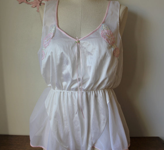 Hochzeit - Apple Blossom Romper / Vintage Snap Crotch Teddy / Pink and White