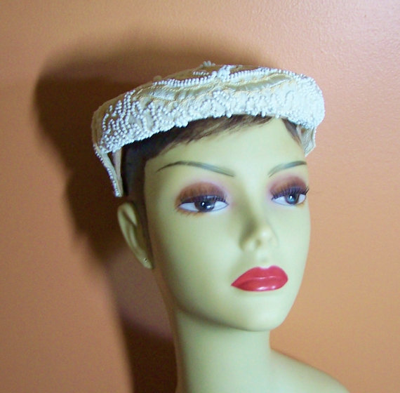 Wedding - 1950s BEADED & EMBROIDERED HAT- Ivory with White Beads - Cocktail Hat or Wedding Headpiece (Add a Veil for a Lovely Vintage Look)
