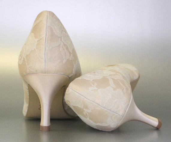 زفاف - Lace Wedding Shoes -- Dark Ivory Peep Toe Wedding Shoes with Lace Overlay