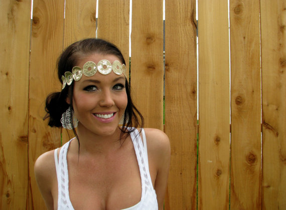 Wedding - Bohemian Chic Gold Circle Project Runway Sequin Headband w/ Elastic and Ribbon Back