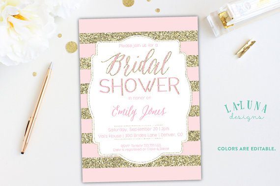 Wedding - Bridal Shower Invitation, Glitter Stripe Bridal Shower Invite, Gold & Pink Stripe, Printable Bridal Shower Invitation