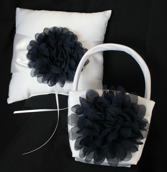 Wedding - Ivory or White Ring Bearer Pillow and Basket Chiffon Chrysanthemum in NAVY