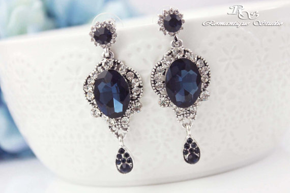 Hochzeit - Sapphire blue Bridal earrings Sapphire Blue Wedding Earrings Something Blue Wedding Jewelry Accessories Teardrop Crystal Earrings 1223SB