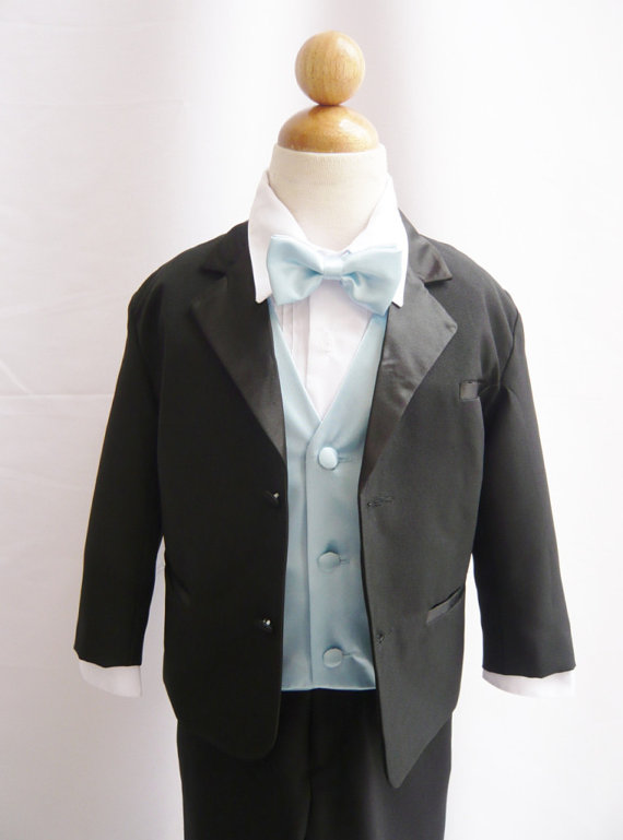 Hochzeit - Tuxedo to Match Flower Girl Dresses Color in Black with Blue Sky Vest for Toddler Baby Ring Bearer Easter Communion Bow Tie
